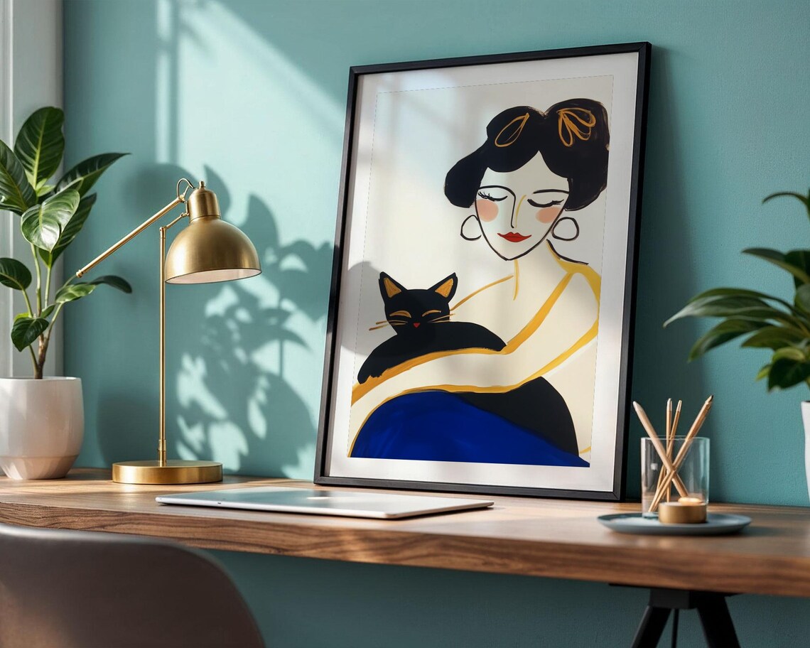 Elegant Dark Haired Woman Holding Black Cat Modern Portrait Poster - Image 4