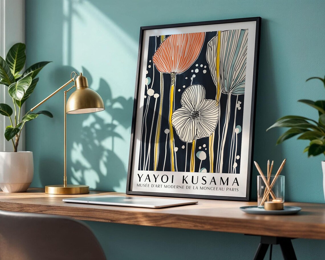 Yayoi Kusama Elegant Line Drawn Tulips on Midnight Blue Poster - Image 4