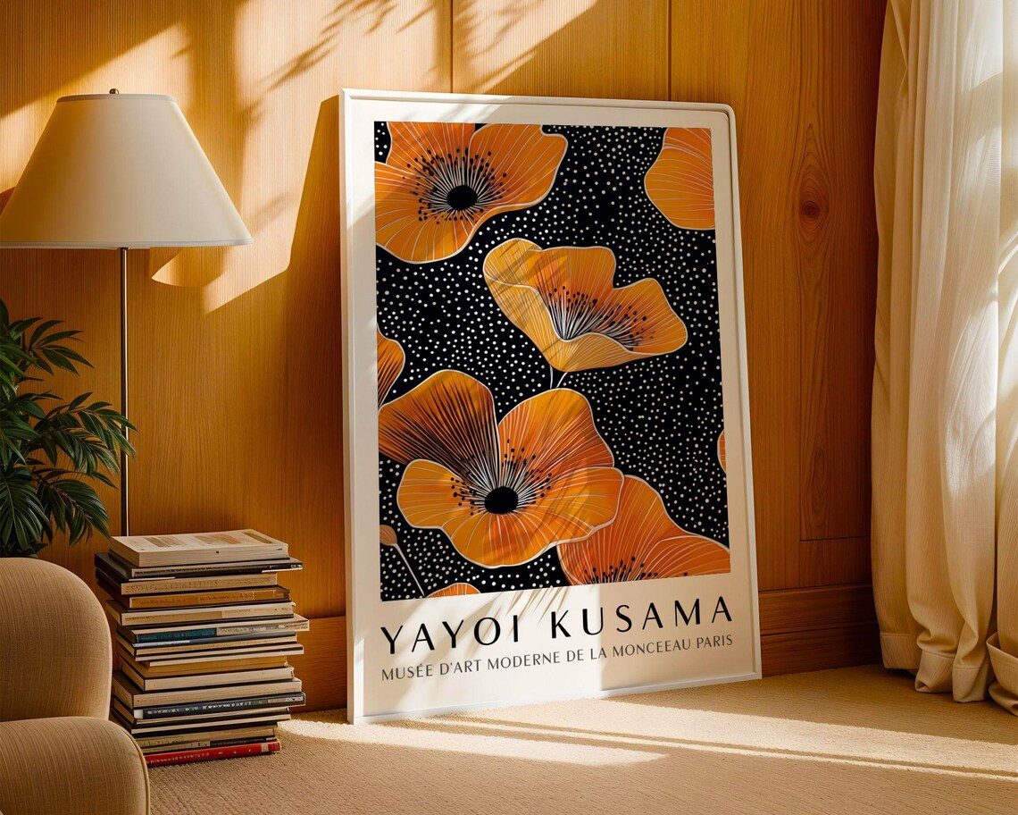 Yayoi Kusama Orange Poppy Flowers on Black Dotted Museum Poster - Image 3