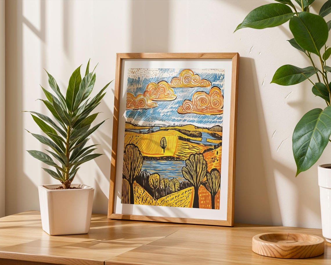 Golden Wheat Fields Blue River Swirling Clouds Landscape Poster - Image 6