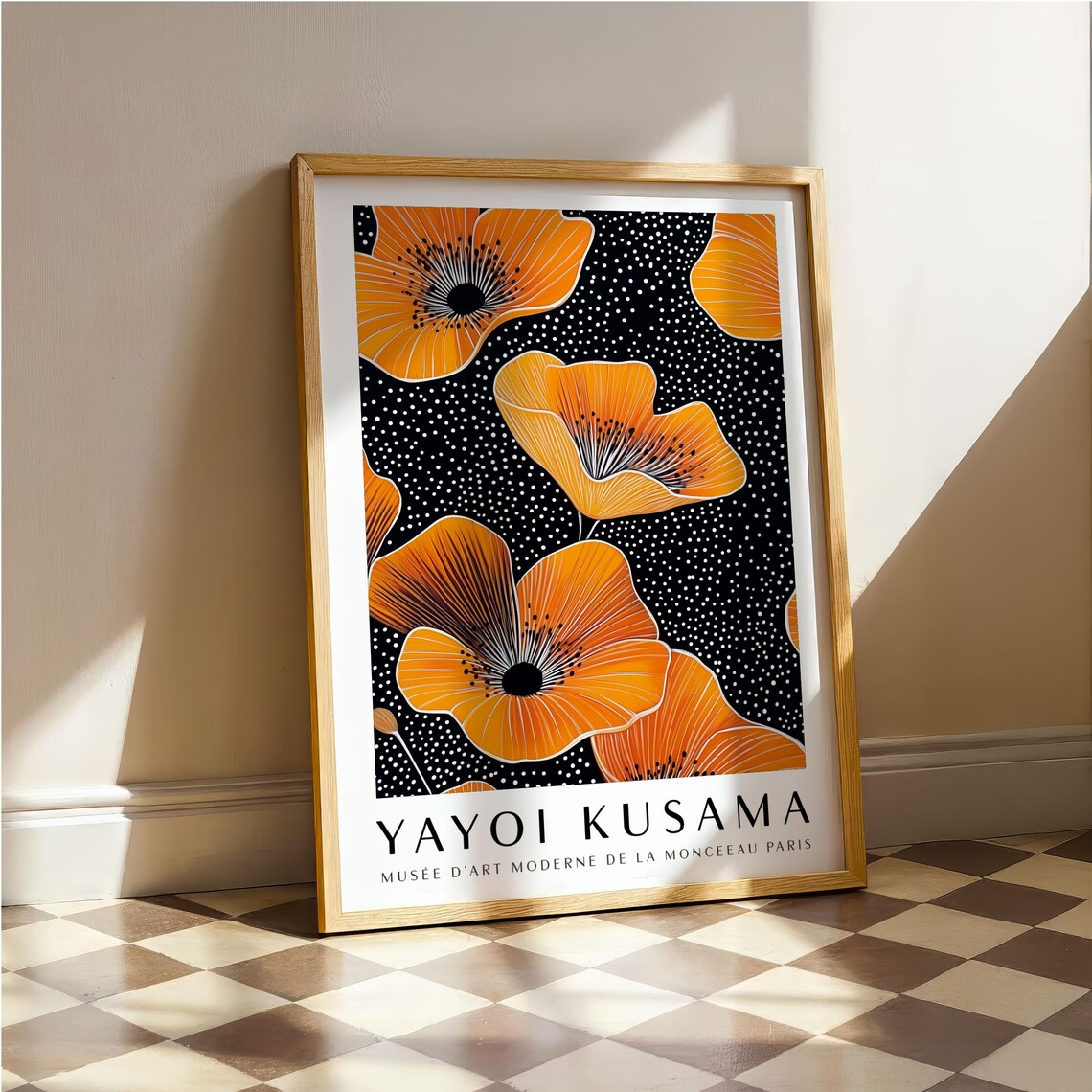 Yayoi Kusama Orange Poppy Flowers on Black Dotted Museum Poster