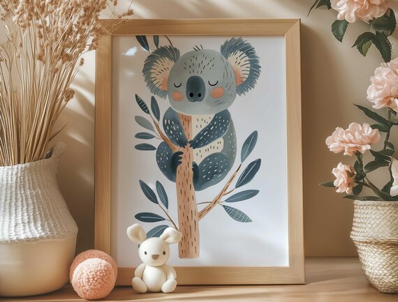 Sweet Sleeping Koala on Branch Soft Watercolor Nursery Wall Art