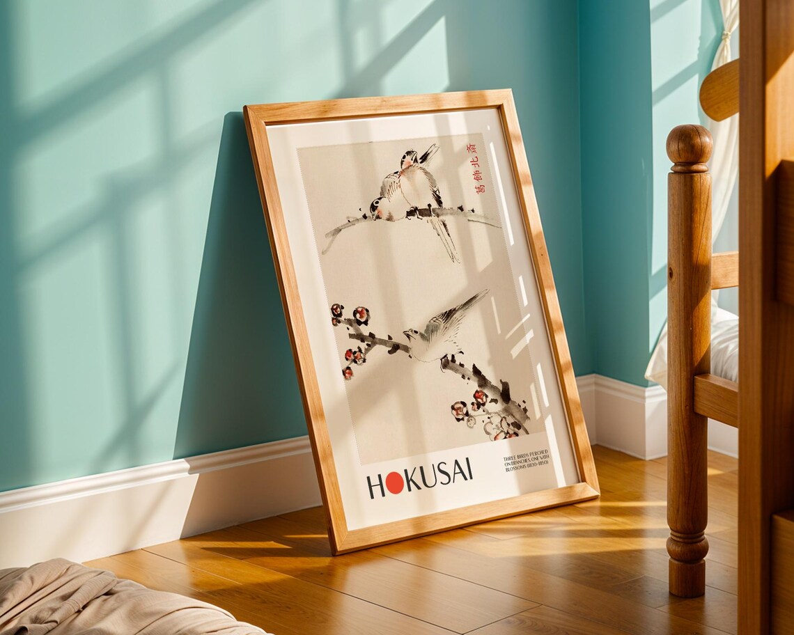Katsushika Hokusai Three Birds Perched On Branches Art Print - Image 3