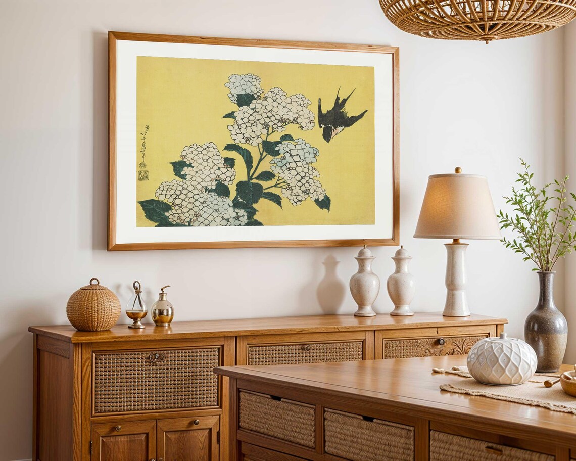 Katsushika Hokusai Print, Hydrangeas and Swallow - Image 3