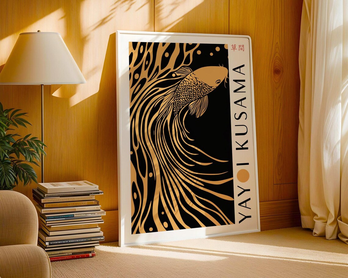 Golden Koi Fish With Long Flowing Fins Black And Gold Poster - Image 3
