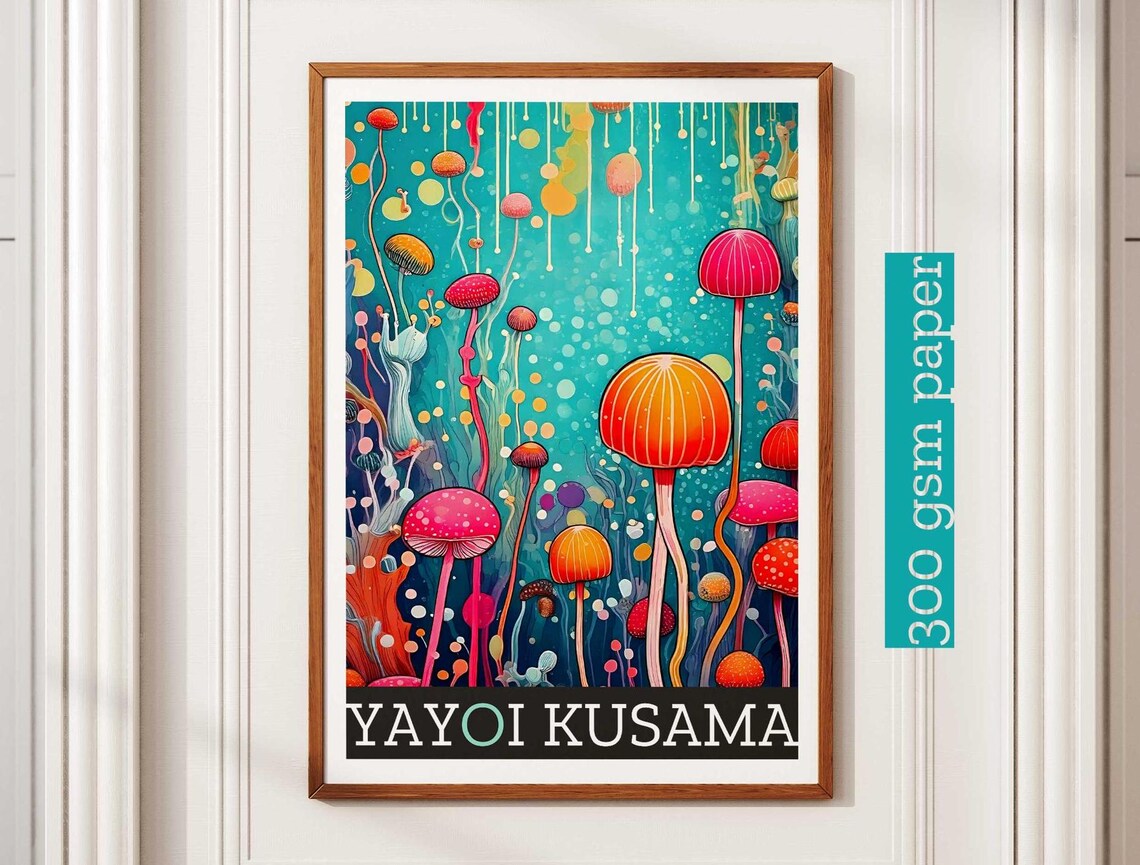Yayoi Kusama Inspired Whimsical Mushroom Garden Scene Art Poster