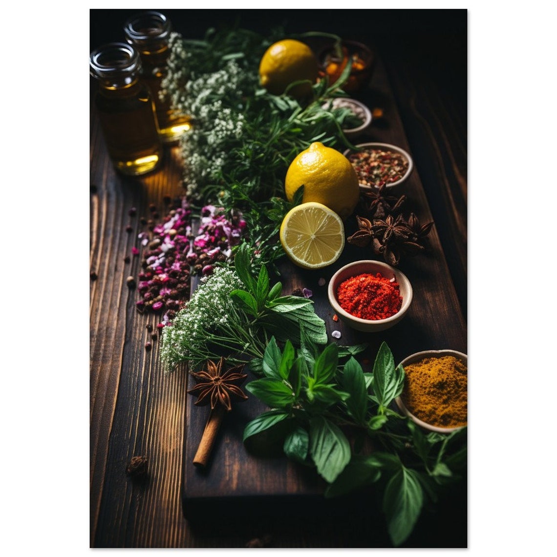 Moody Herbs Lemons Spices Oils Rustic Dark Wood Still Life Poster - Image 2