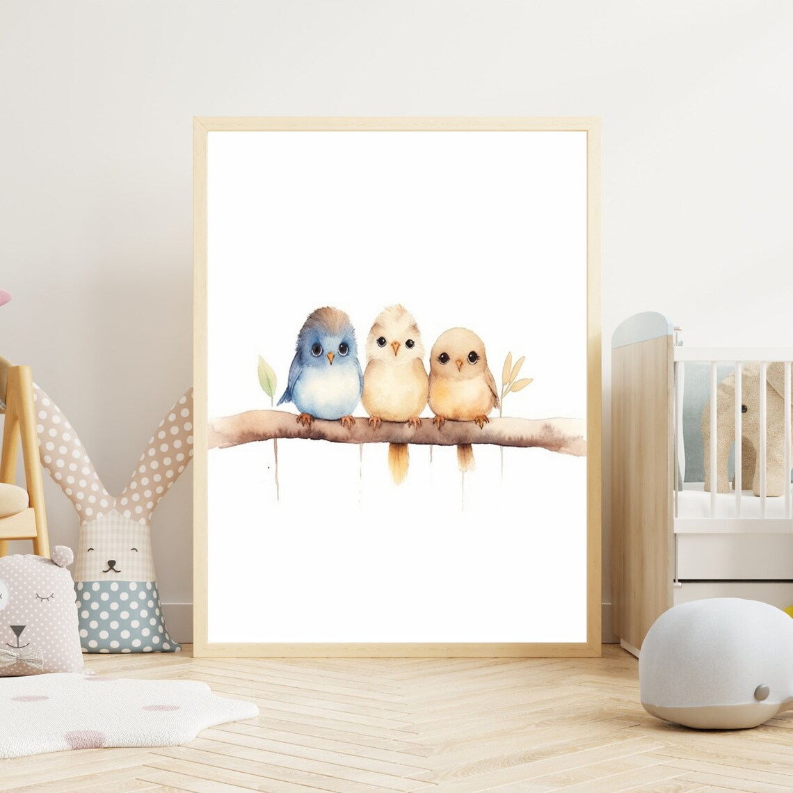 Three Cute Baby Birds on Branch Watercolor Nursery Art Poster