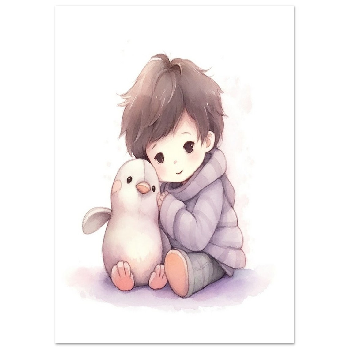 Sweet Boy Hugging Baby Penguin Watercolor Nursery Art Poster - Image 2