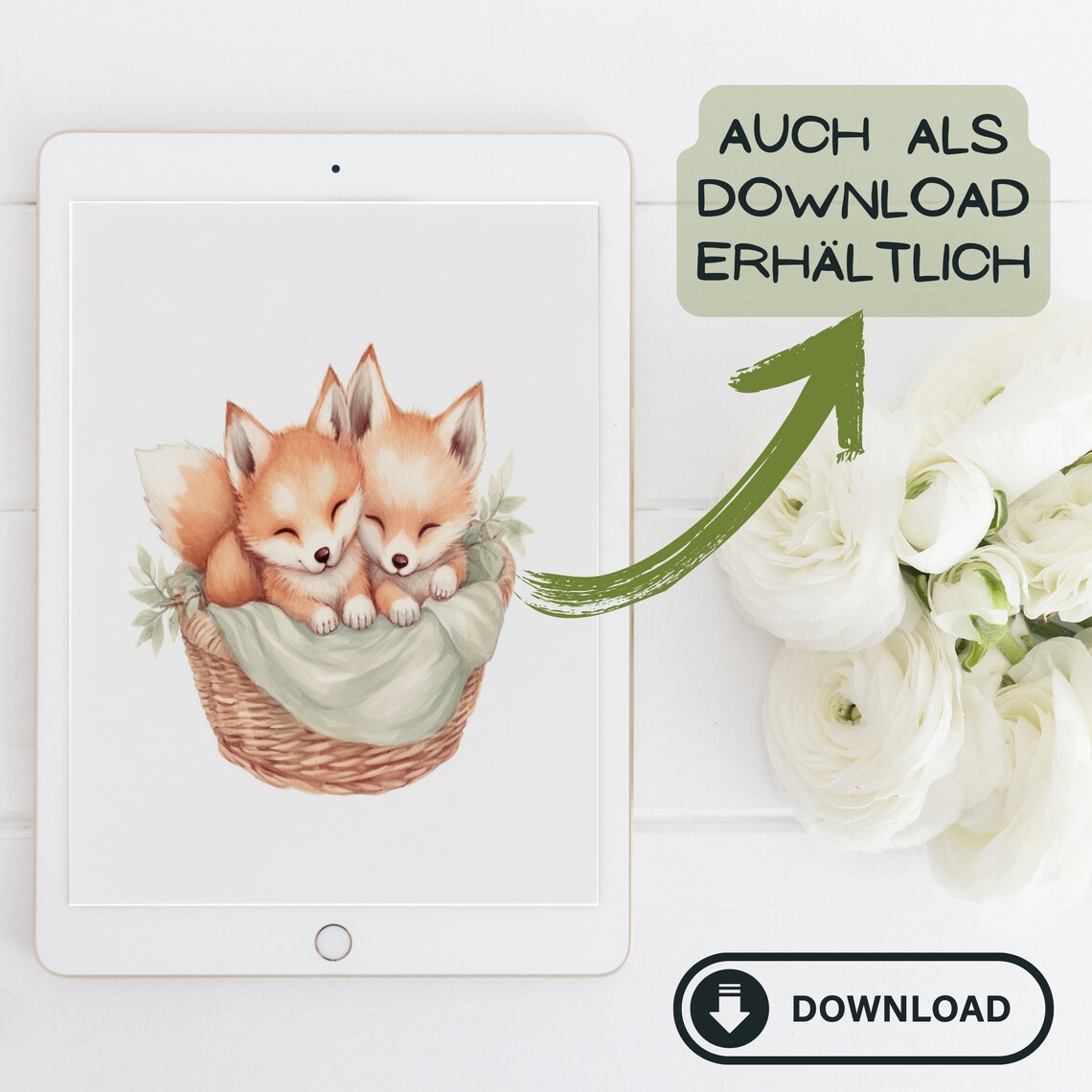 Two Sleeping Baby Foxes in Basket Watercolor Nursery Art Poster - Image 2