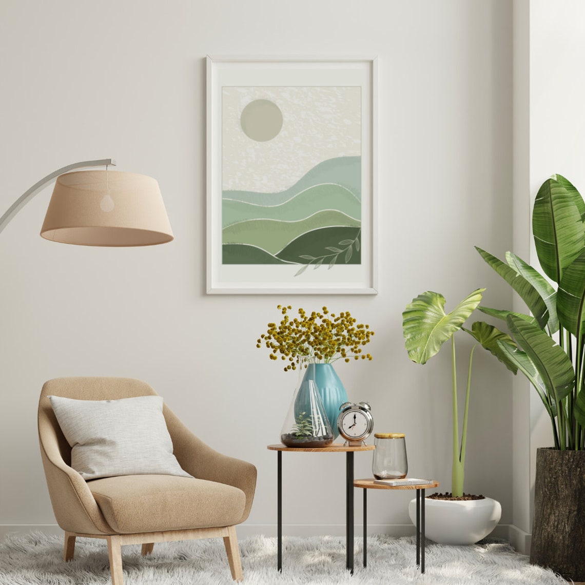 Abstract Sage Green Hills Sun Minimal Modern Landscape Wall Art - Image 3