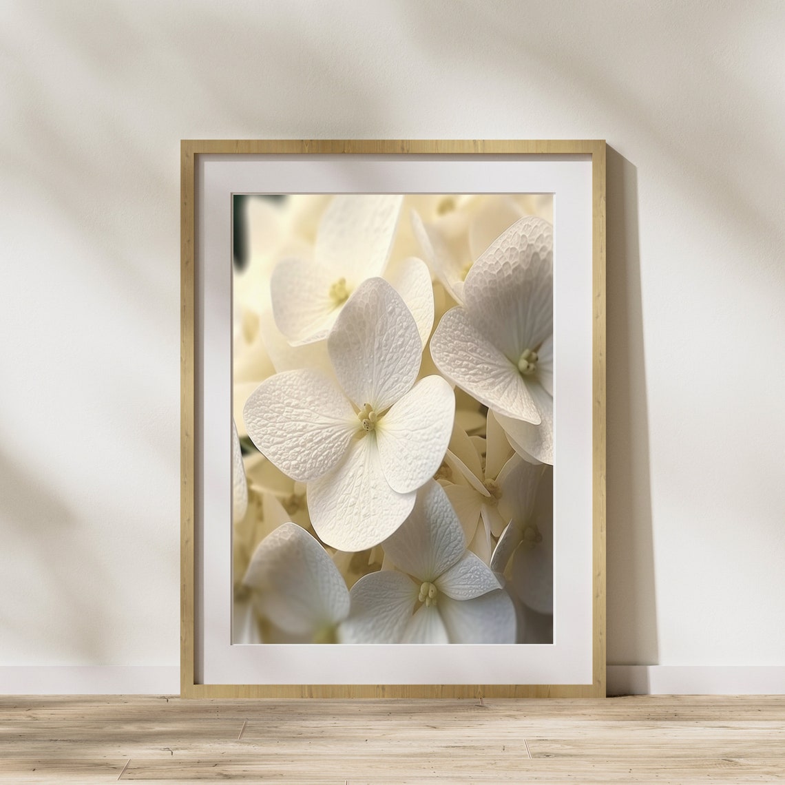 White Hydrangea Blossom Macro Botanical Photography Wall Art