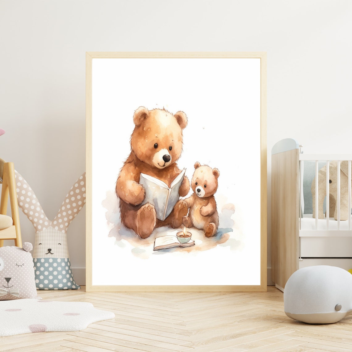 Teddy Bears Reading by Candlelight Watercolor Nursery Art Poster