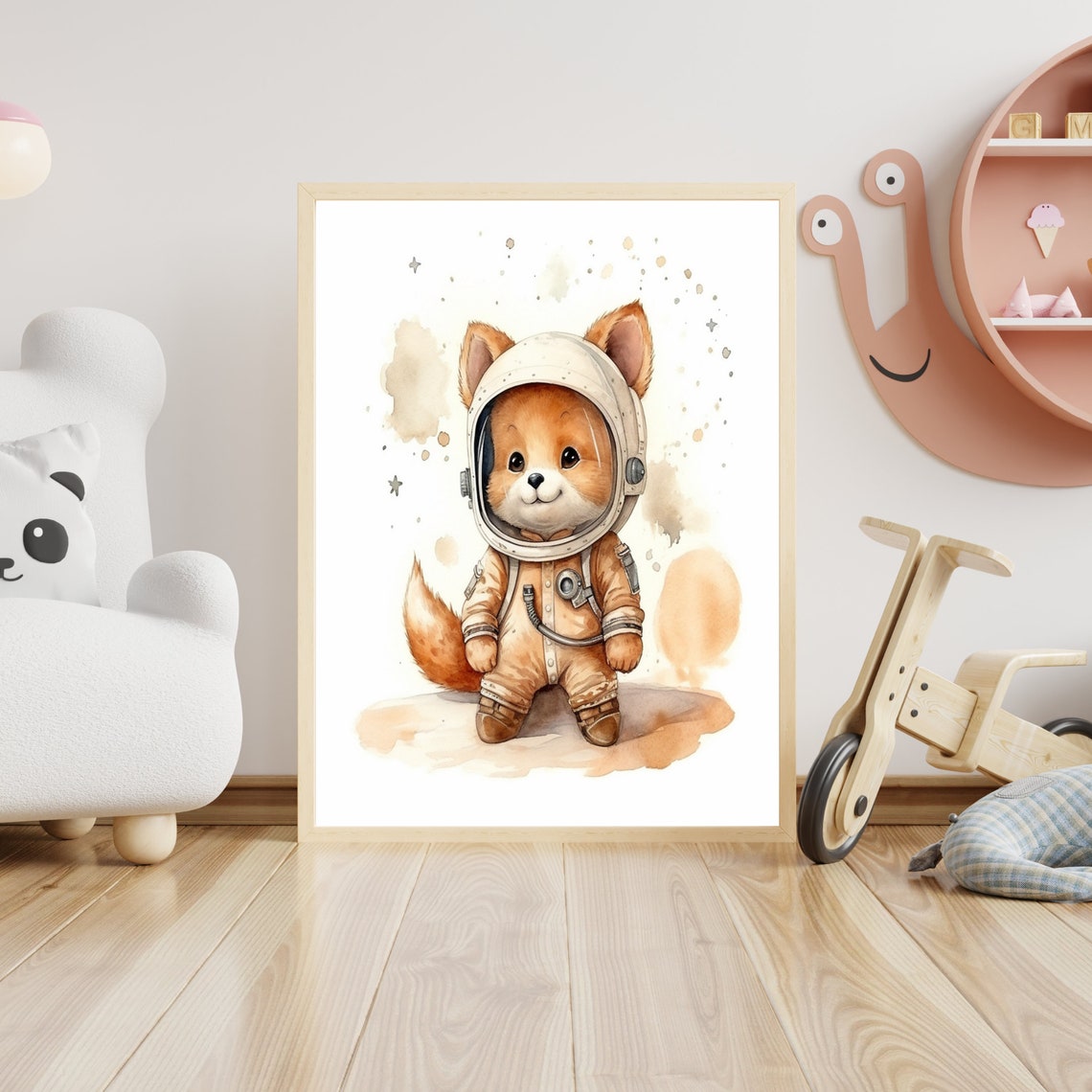 Cute Baby Red Fox Astronaut Watercolor Outer Space Nursery Poster - Image 4