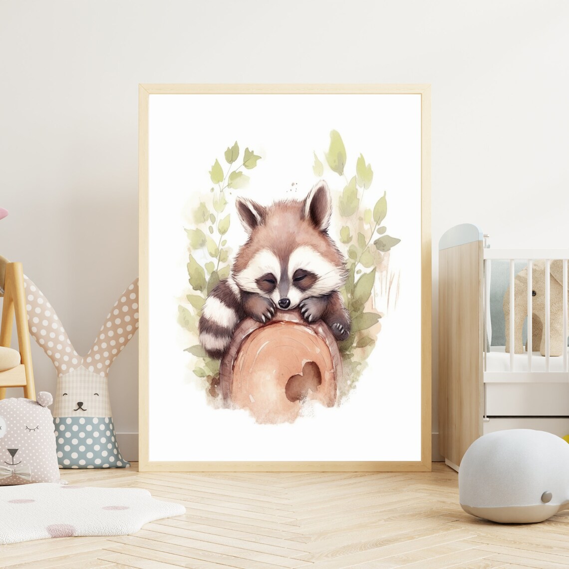 Sleeping Baby Raccoon on Branch Watercolor Nursery Art Poster
