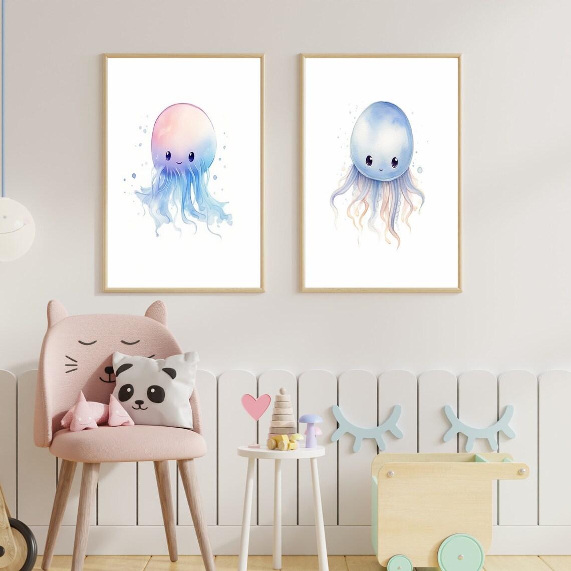 Sweet Adorable Pink Blue Jellyfish Watercolor Ocean Nursery Poster - Image 3