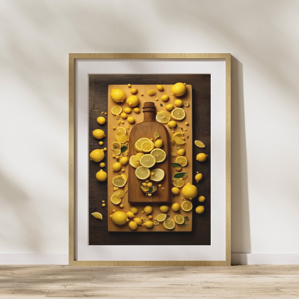 Lemons Overhead Flat Lay Wooden Bottle Board Cheerful Citrus Poster