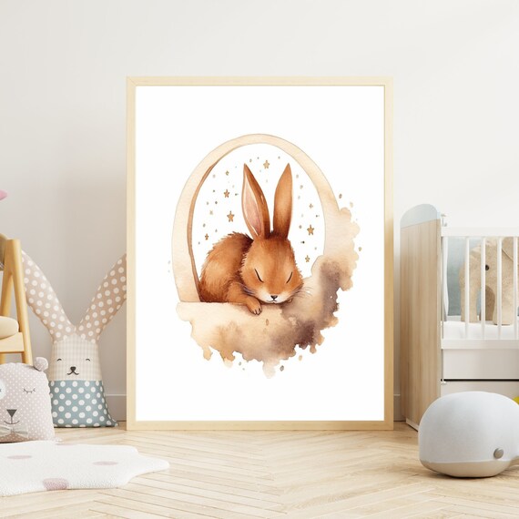 Sleeping Bunny on Crescent Moon Stars Watercolor Nursery Poster
