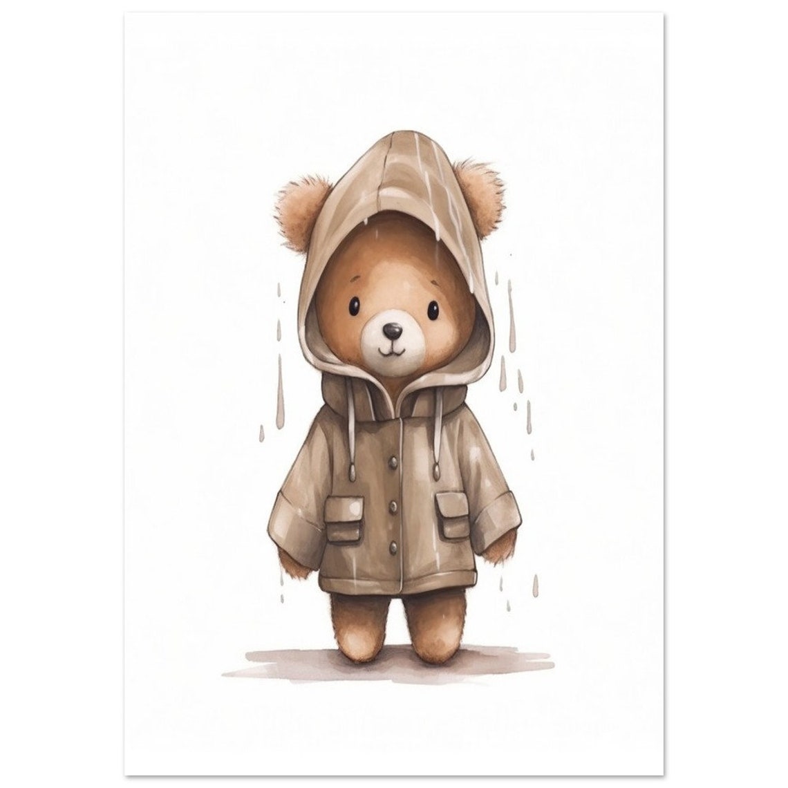 Cute Teddy Bear Brown Raincoat Hood Rainy Day Nursery Poster - Image 2