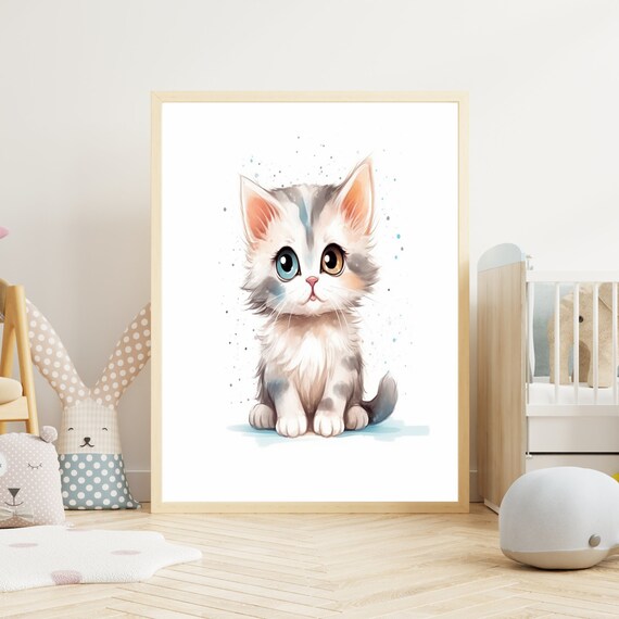 Adorable Kitten with Mismatched Eyes Watercolor Nursery Poster