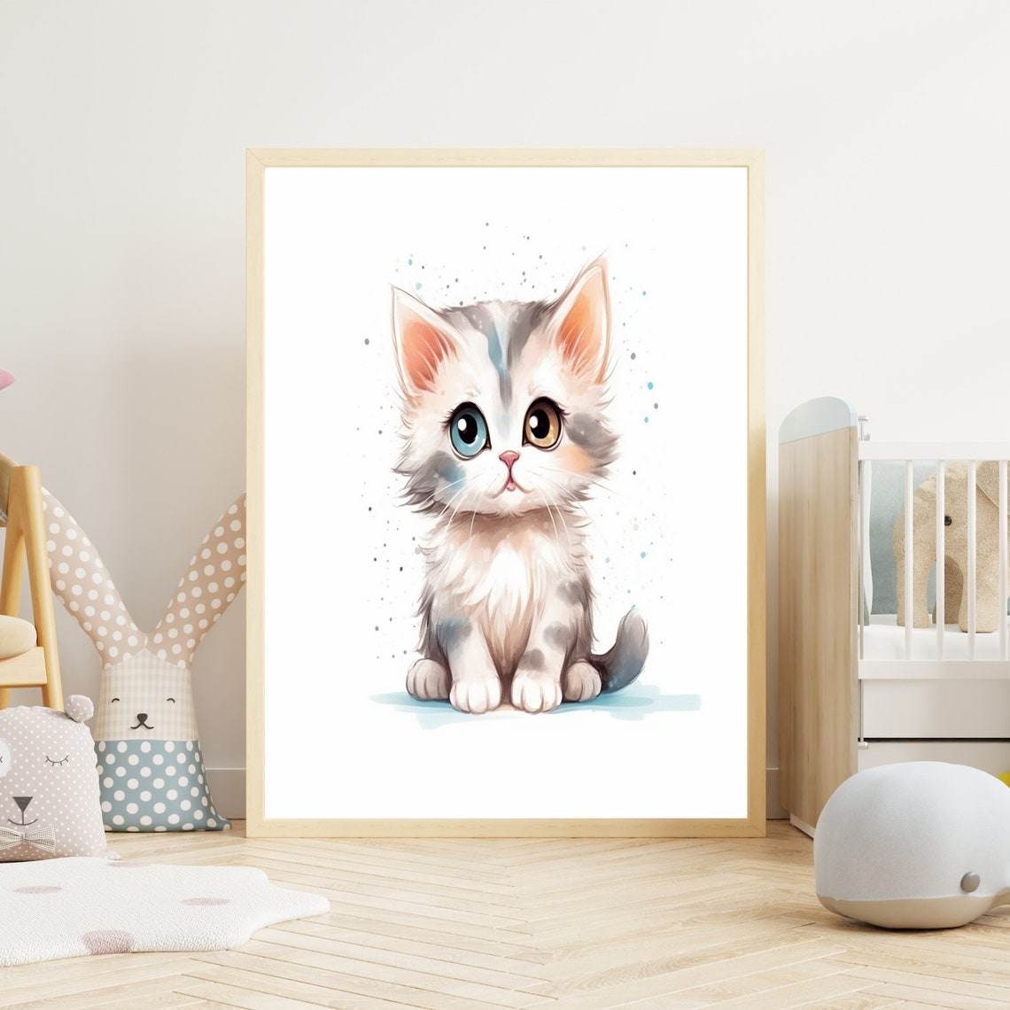 Adorable Kitten with Mismatched Eyes Watercolor Nursery Poster