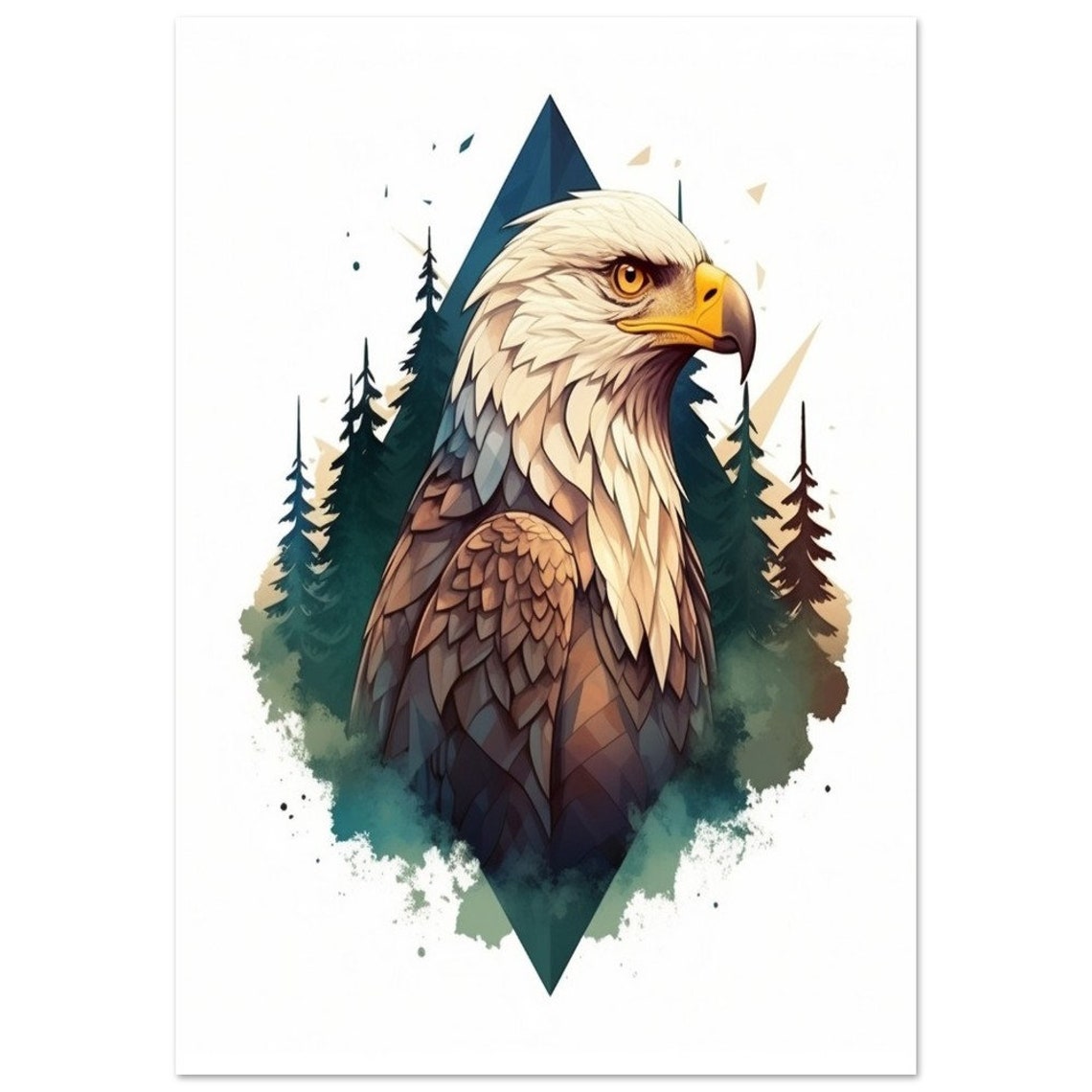 Bald Eagle Geometric Watercolor Pine Trees Triangle Art Poster - Image 2