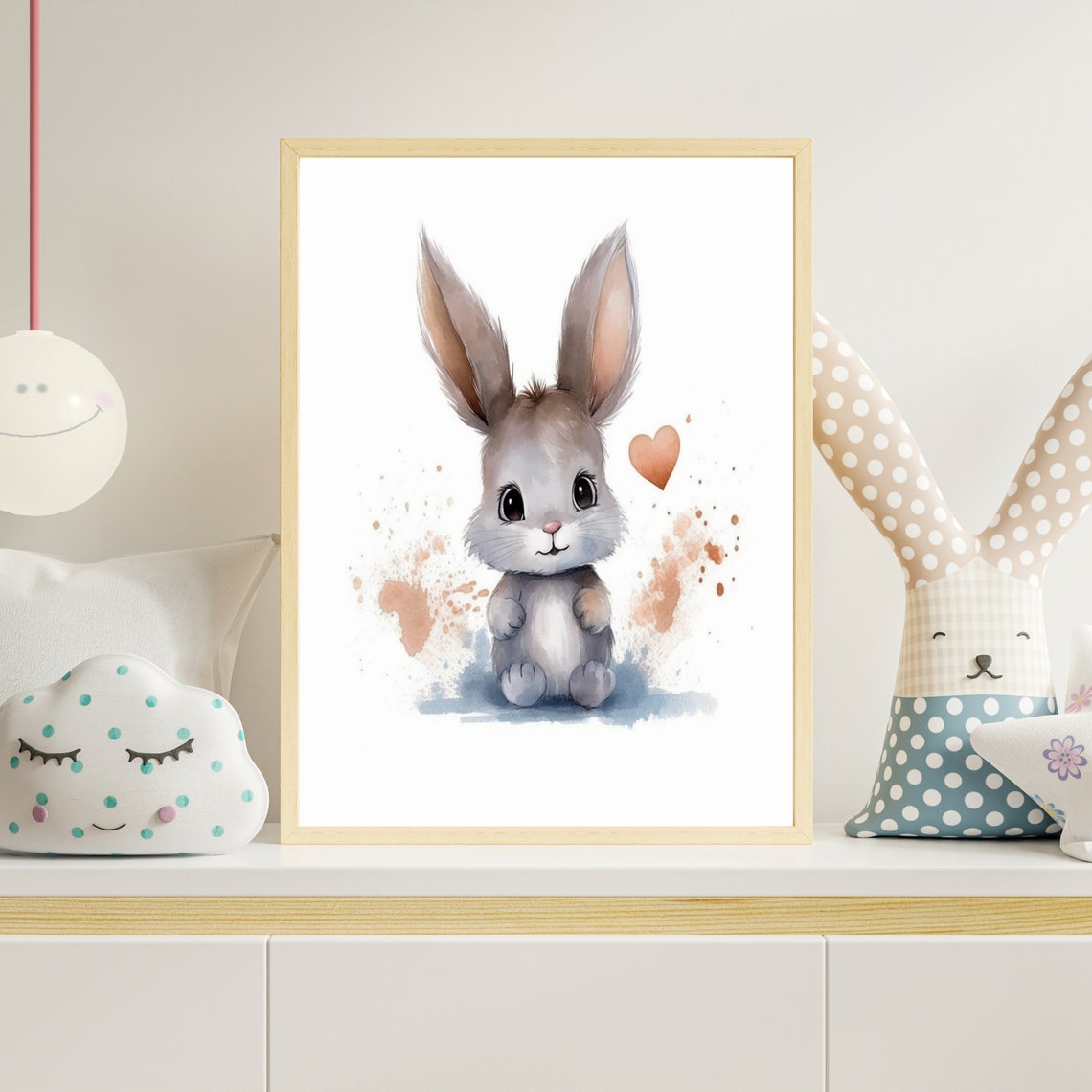 Sweet Cute Grey Bunny Rabbit with Heart Watercolor Nursery Poster - Image 4