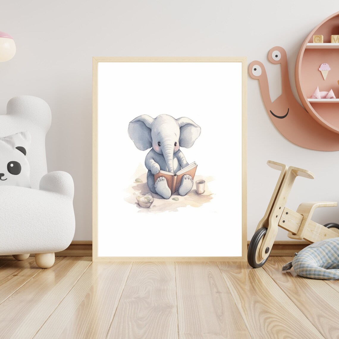Baby Elephant Reading Book Cute Watercolor Nursery Animal Poster - Image 4