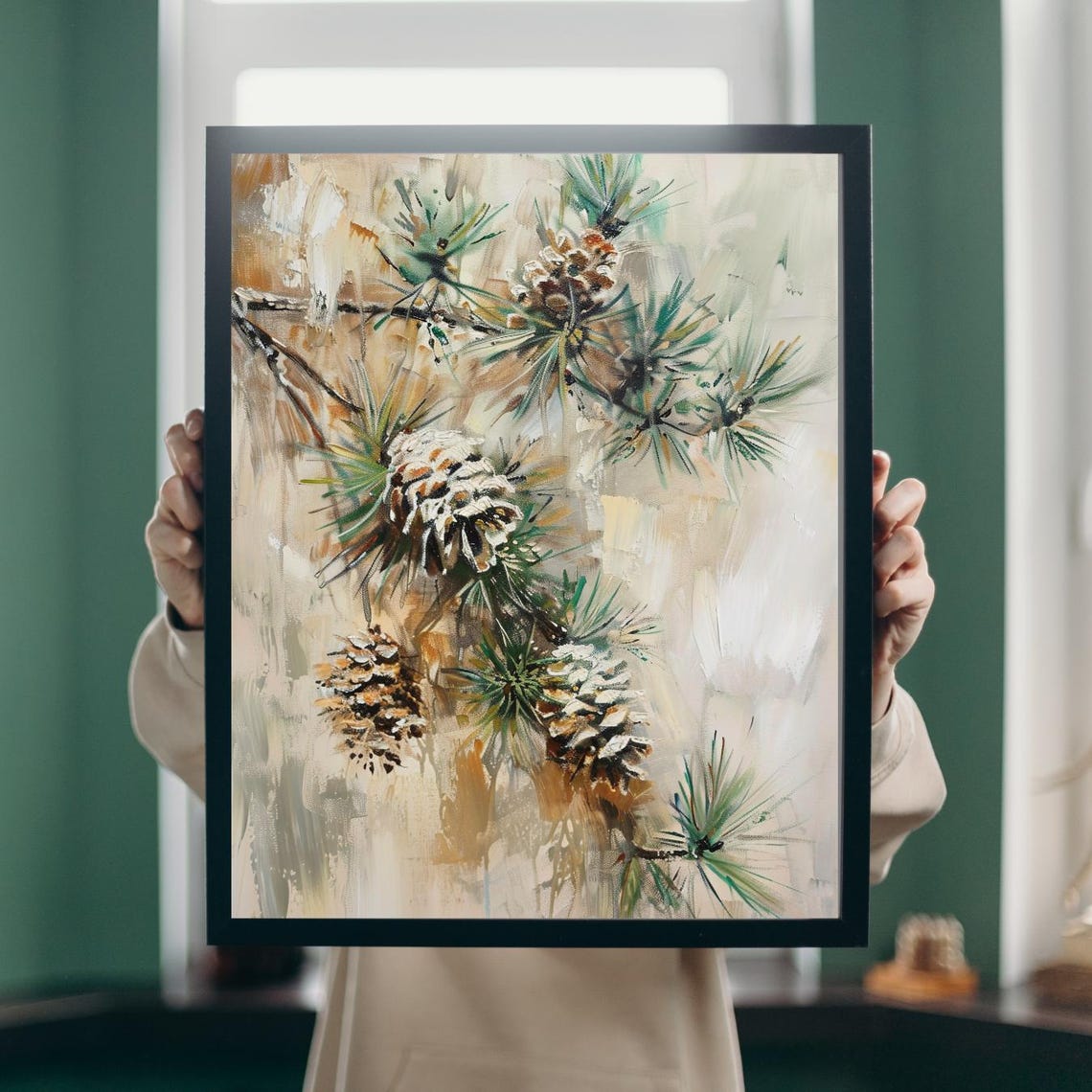 Pine Cones Branches Loose Painterly Winter Botanical Art Poster