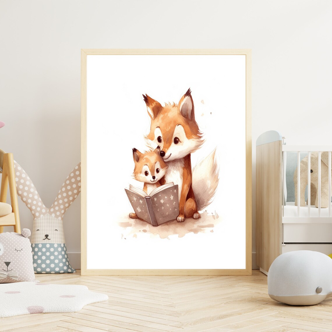 Sweet Fox Mom and Baby Reading Book Watercolor Nursery Art Poster