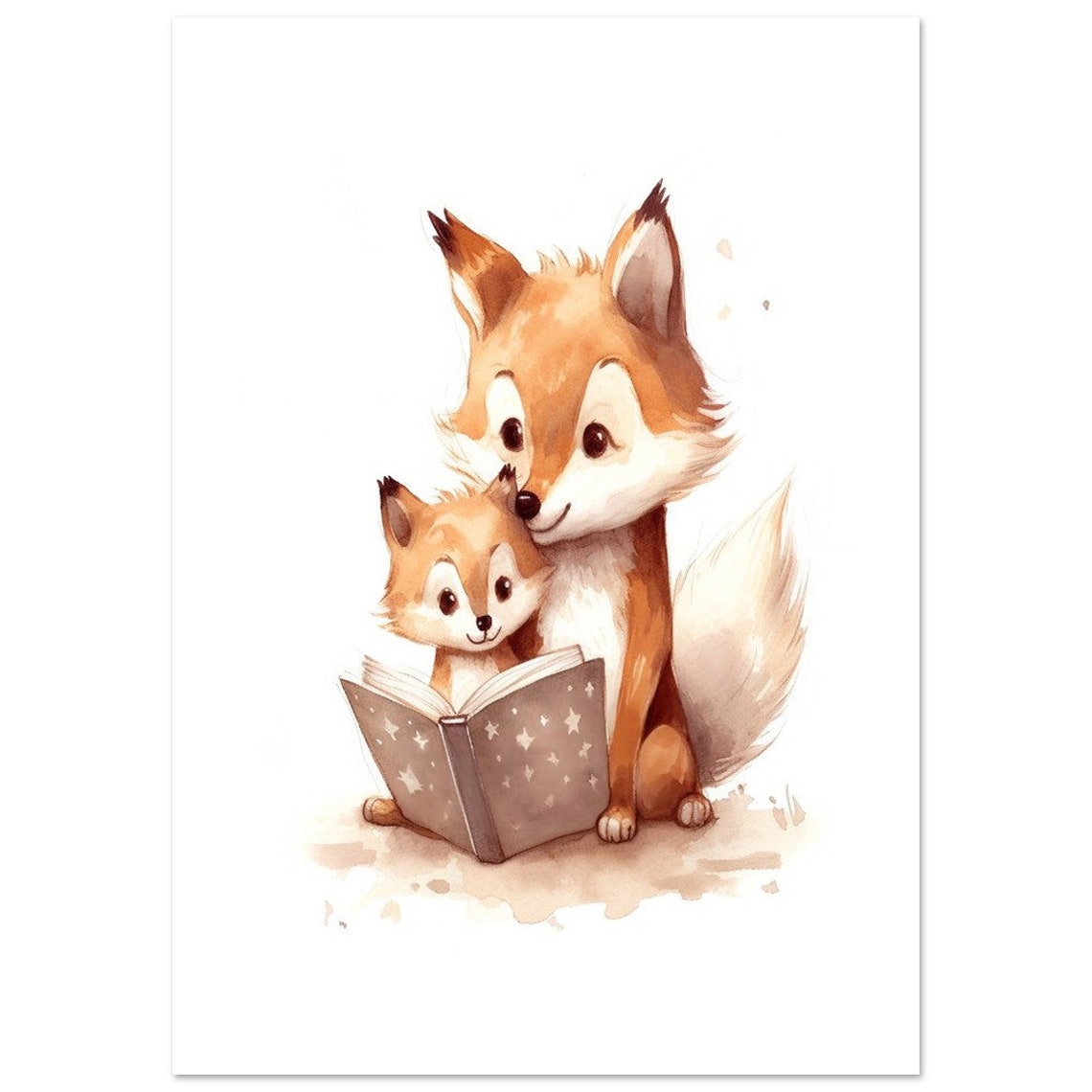 Sweet Fox Mom and Baby Reading Book Watercolor Nursery Art Poster - Image 2