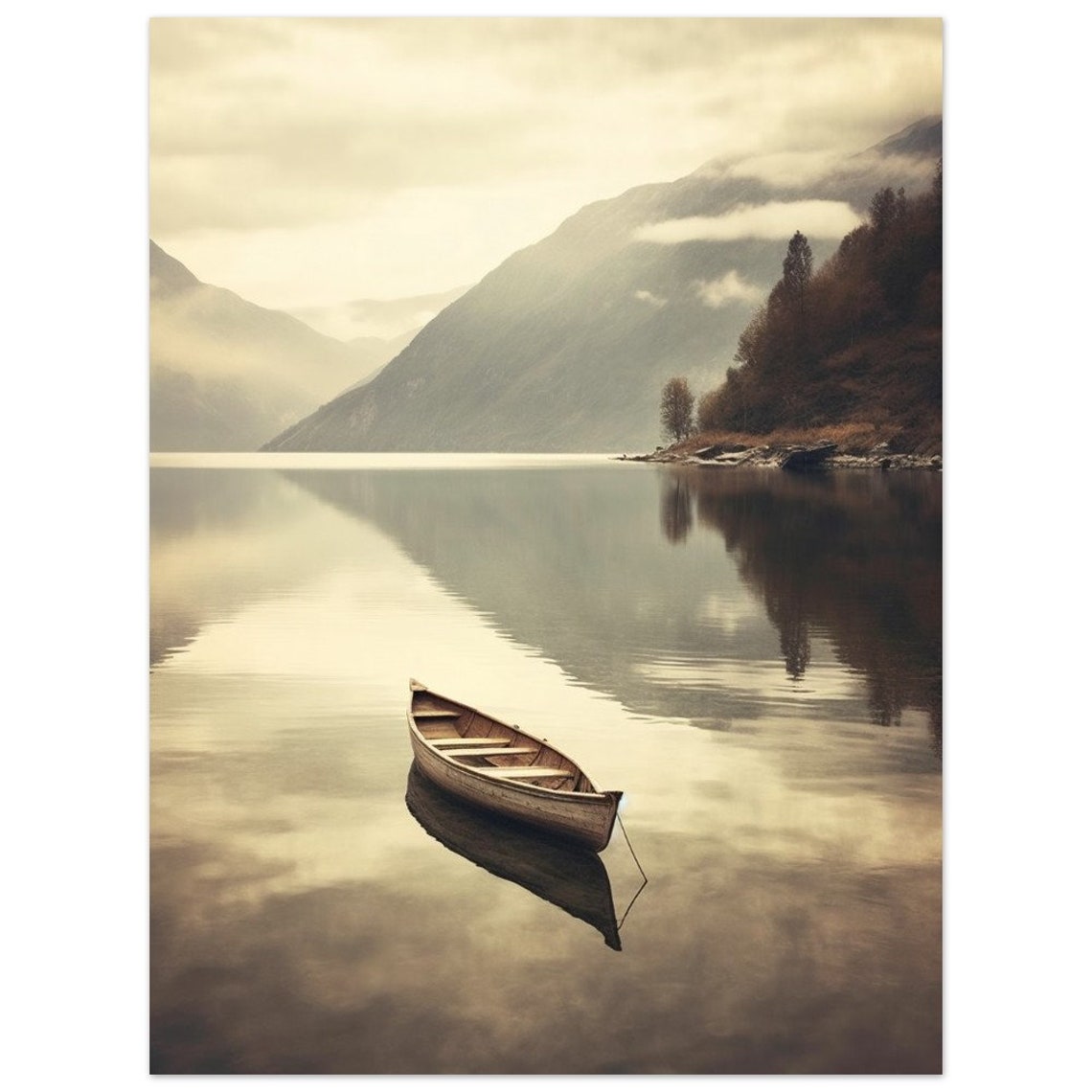 Serene Wooden Canoe On Calm Mountain Lake Morning Mist Poster - Image 2