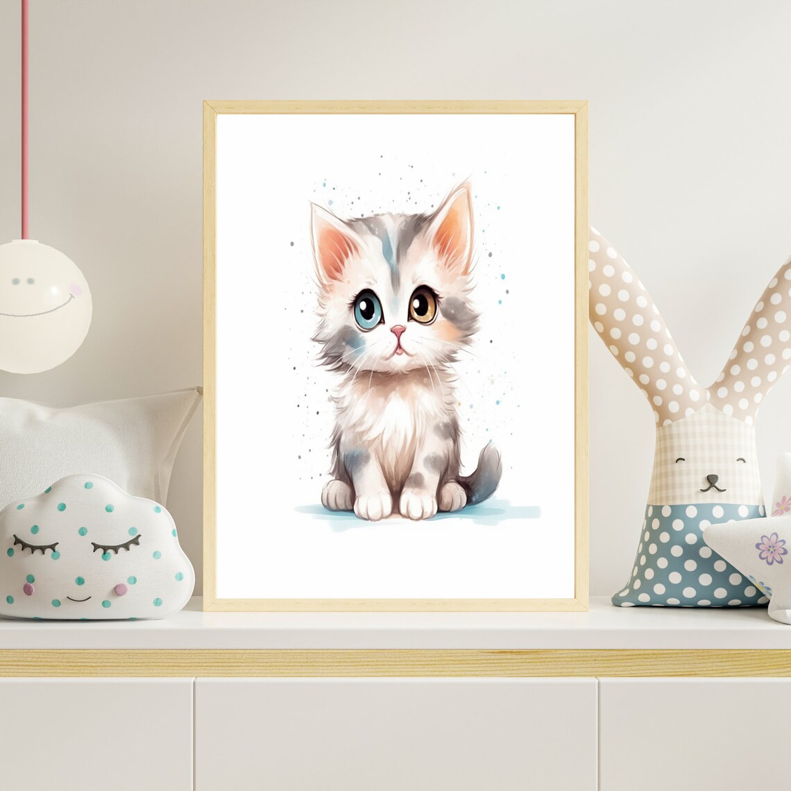 Adorable Kitten with Mismatched Eyes Watercolor Nursery Poster - Image 4