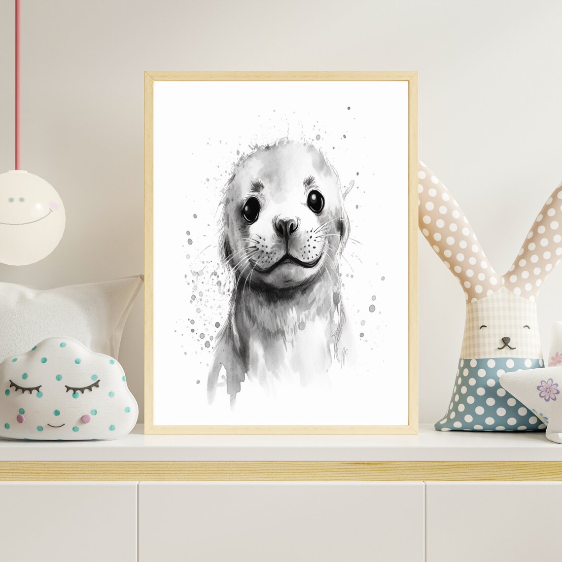 Baby Sea Lion Face Black And White Watercolor Nursery Poster - Image 4