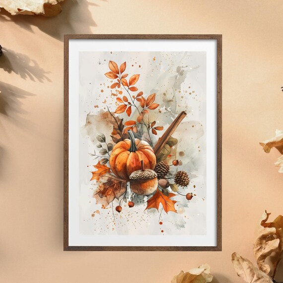 Pumpkin Acorn Pinecone Autumn Bouquet Watercolour Fall Poster