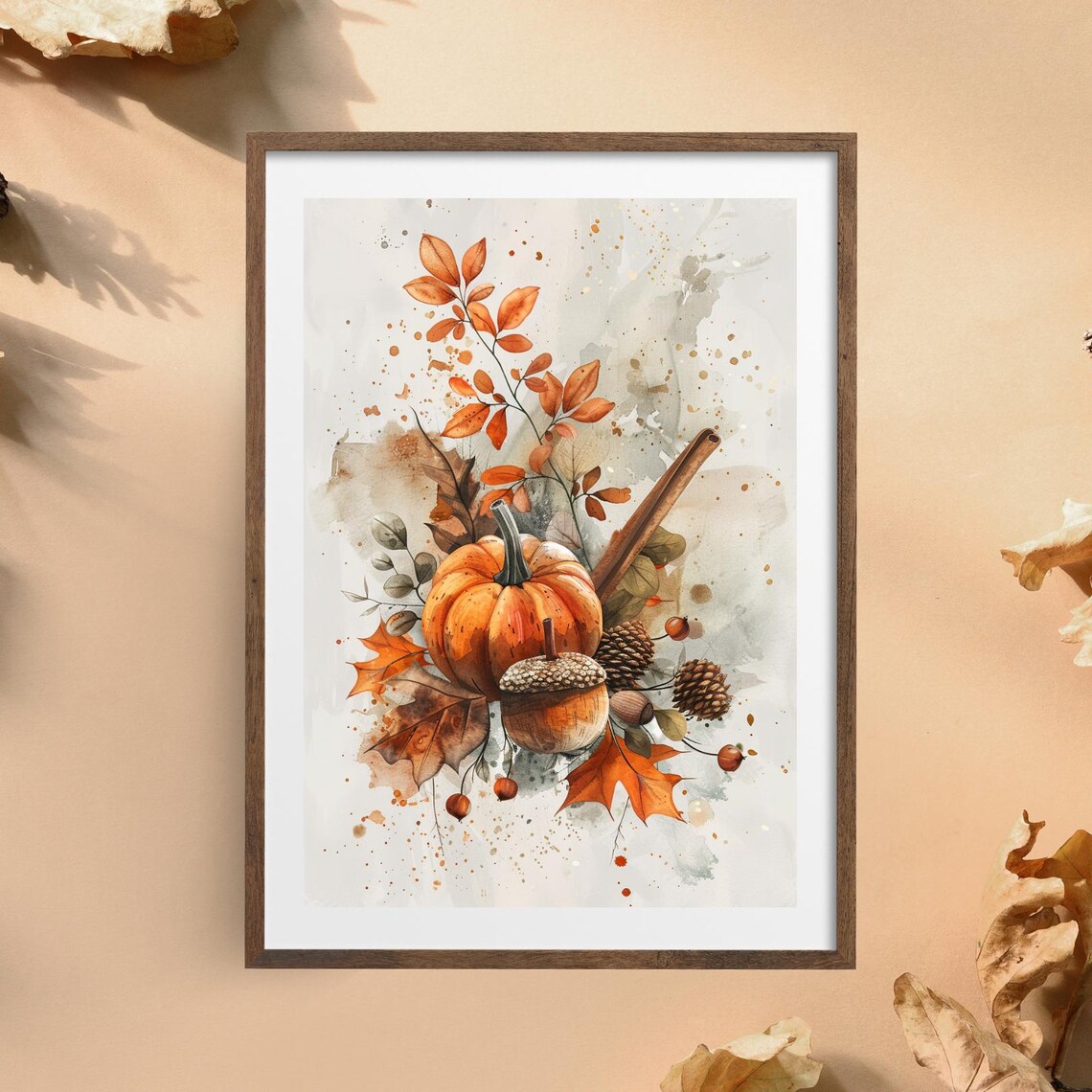 Pumpkin Acorn Pinecone Autumn Bouquet Watercolour Fall Poster