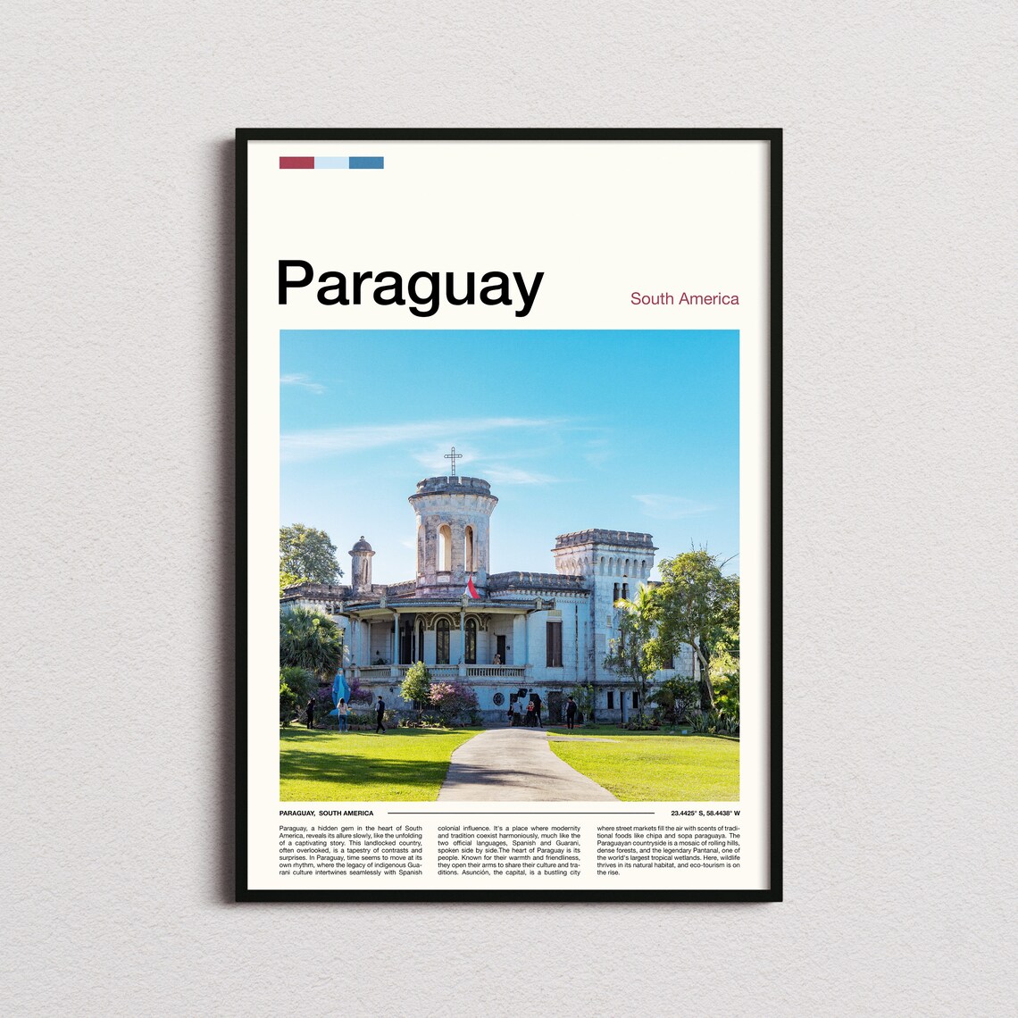 Paraguay Historic Stone Church Blue Sky Minimalist Travel Poster
