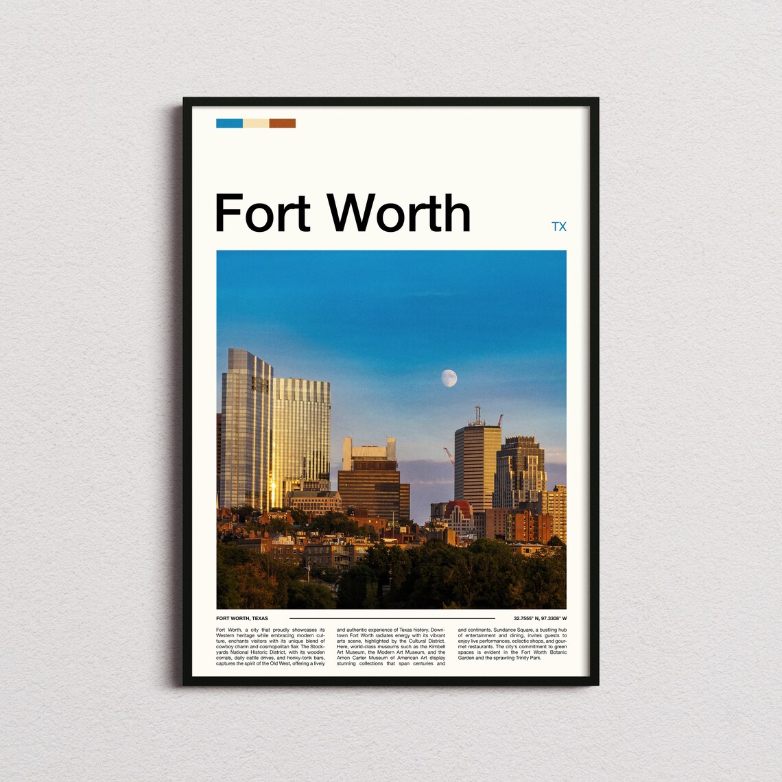 Fort Worth Texas Downtown City Skyline Dusk Moonrise Travel Poster