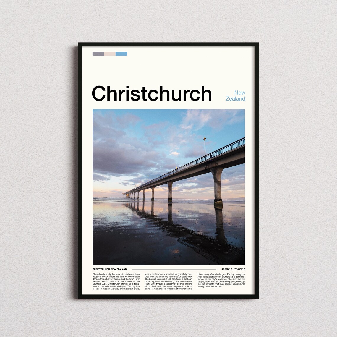 Christchurch Ocean Pier at Dusk Minimalist New Zealand Travel Poster