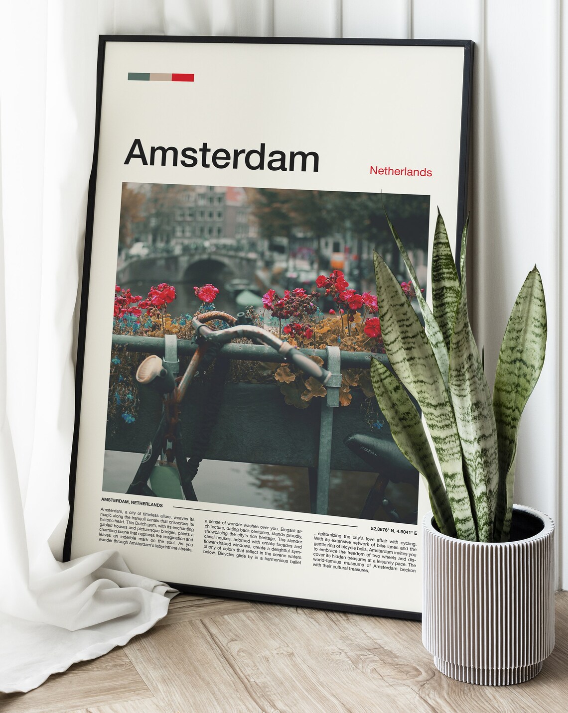 Amsterdam Netherlands Bicycle Canal Bridge Flowers Photography Poster - Image 2