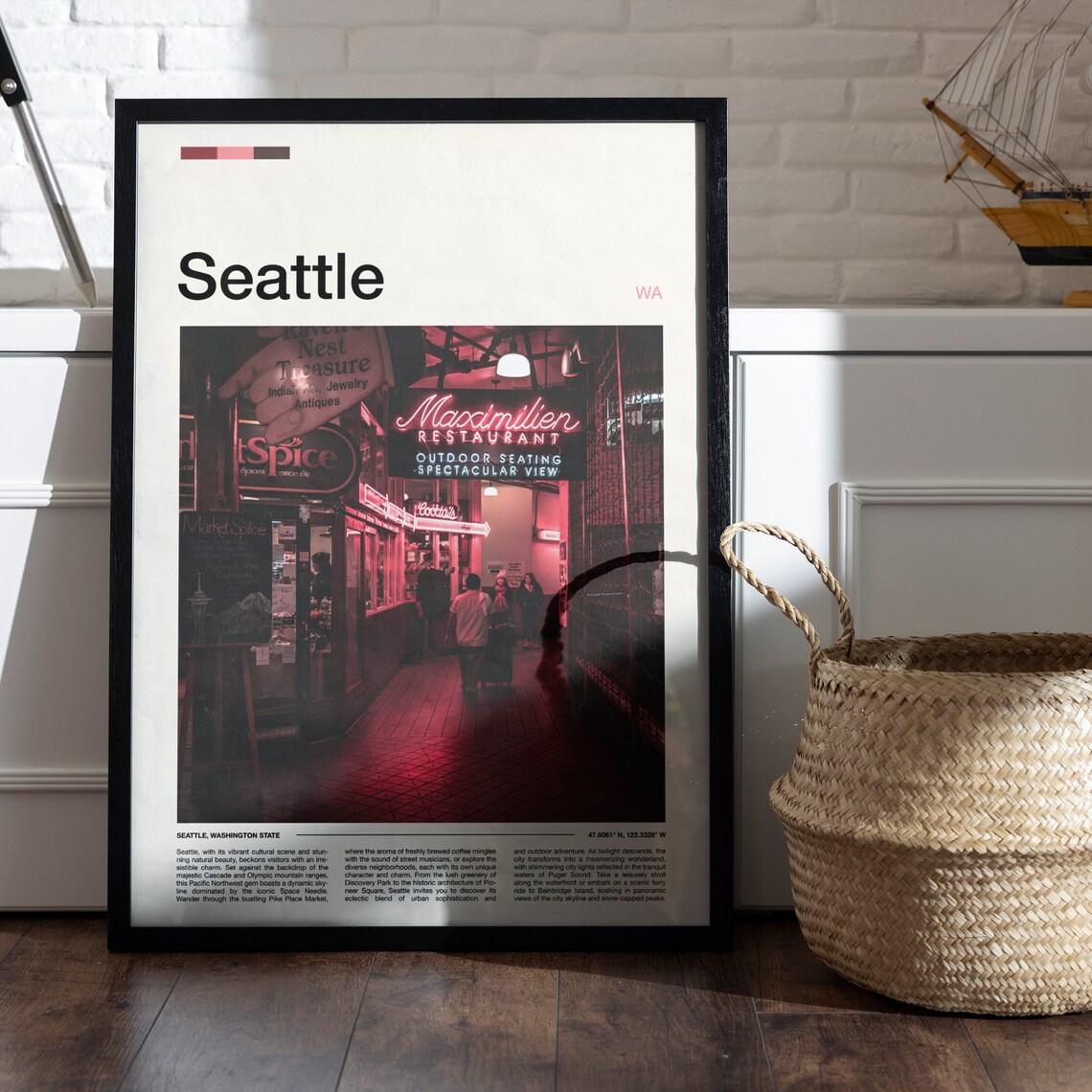 Seattle Pike Place Market Neon Night Street Scene Art Poster - Image 5
