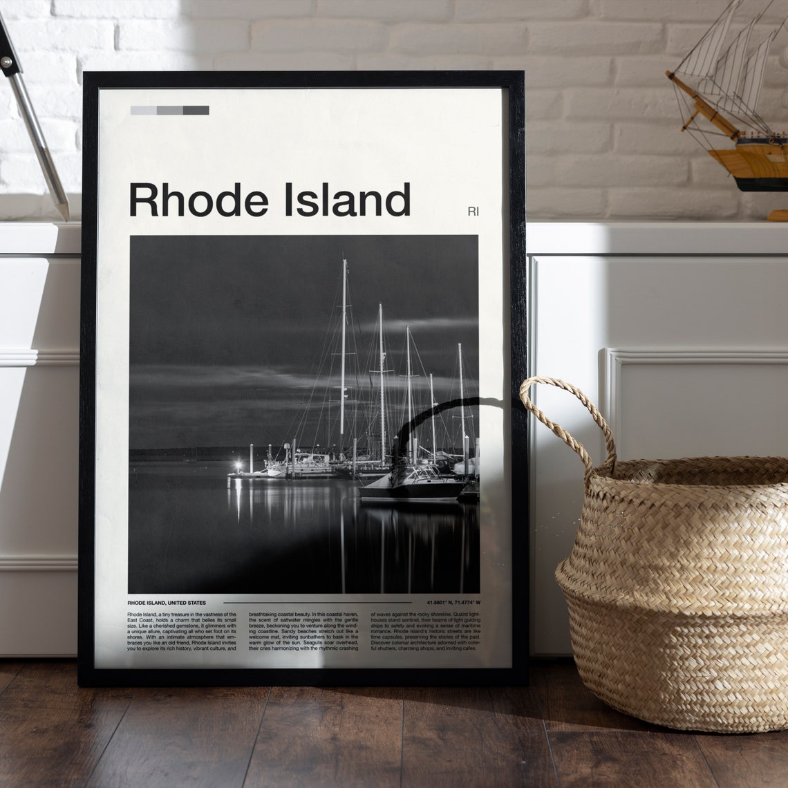 Rhode Island Black and White Marina Sailboats Night Photography Poster - Image 5