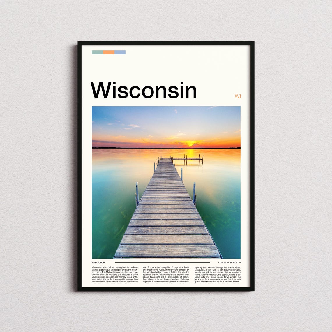 Wisconsin Calm Lake Sunset Pier Silhouette Photography Poster