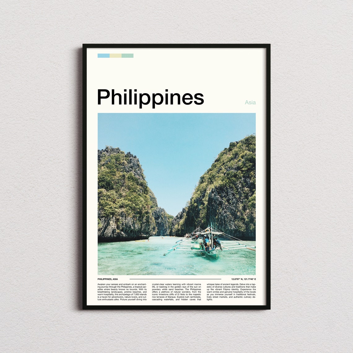 Philippines Tropical Lagoon Karst Cliffs Banca Boat Travel Poster