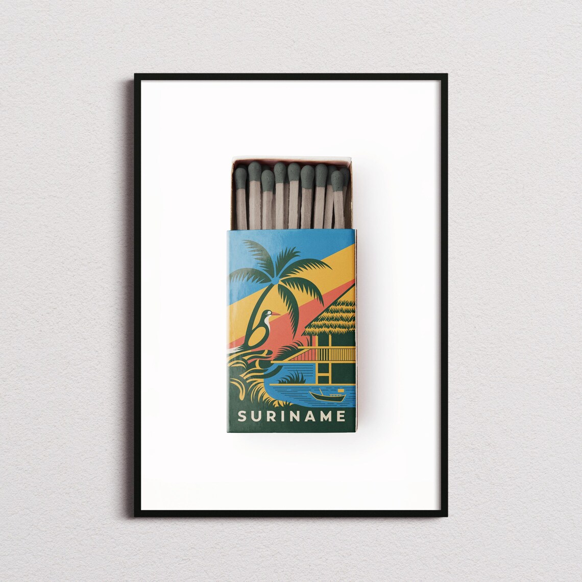 Suriname Matchbox Tropical Palm Hut Vintage Travel Art Poster