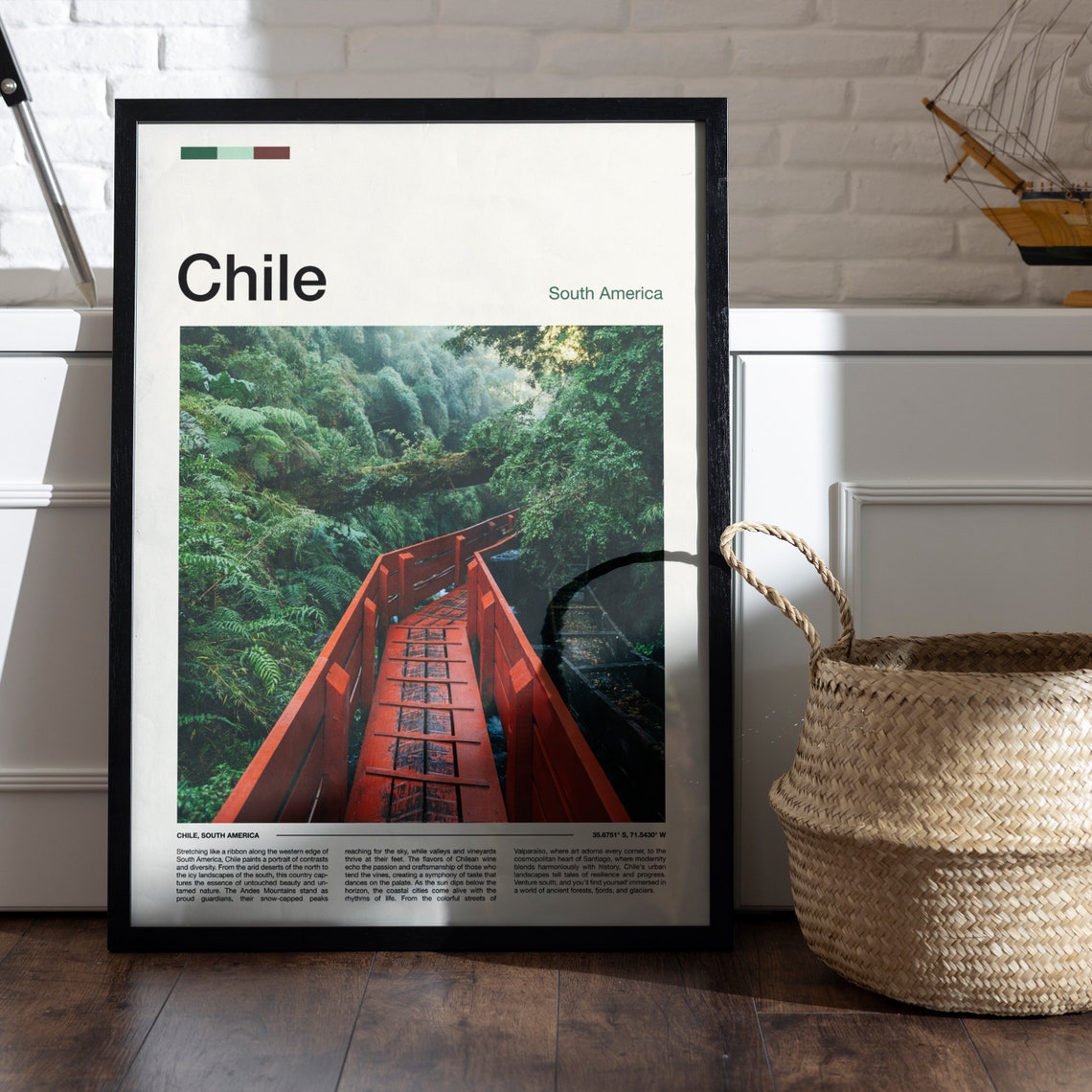 Chile Rainforest Red Wooden Bridge Lush Jungle Trail Travel Poster - Image 4