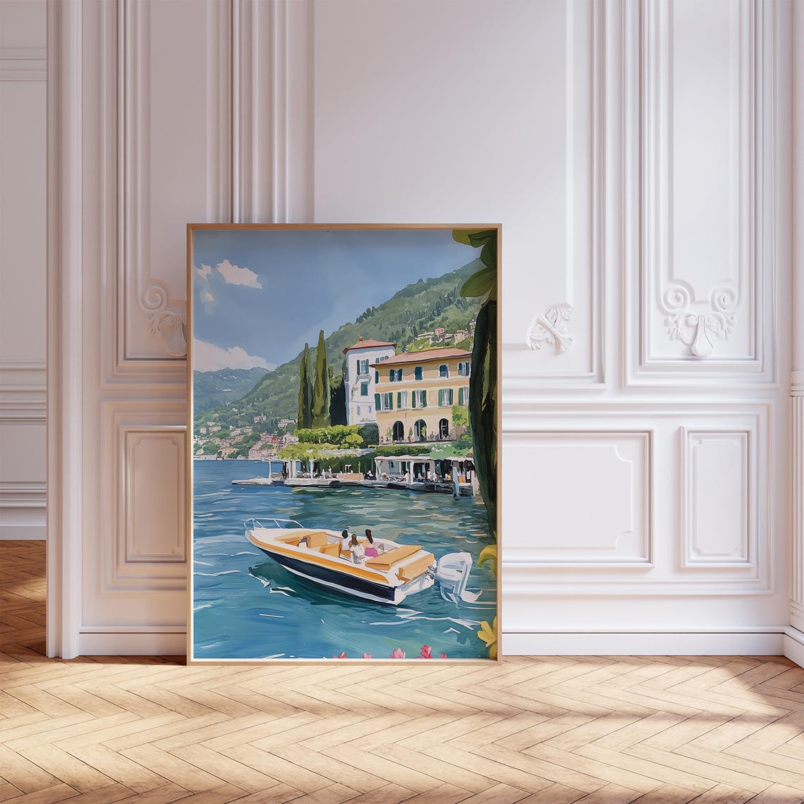 Lake Como Italy Motorboat Villa Lakeside Garden Watercolor Poster - Image 2