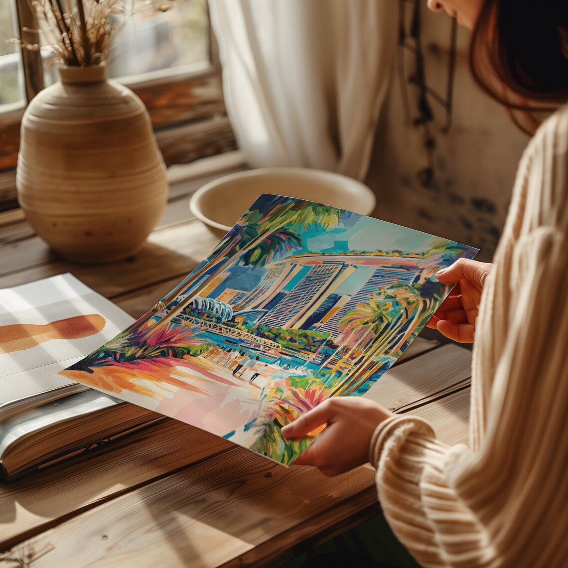 Singapore Marina Bay Sands Colorful Palm Cityscape Art Poster - Image 3
