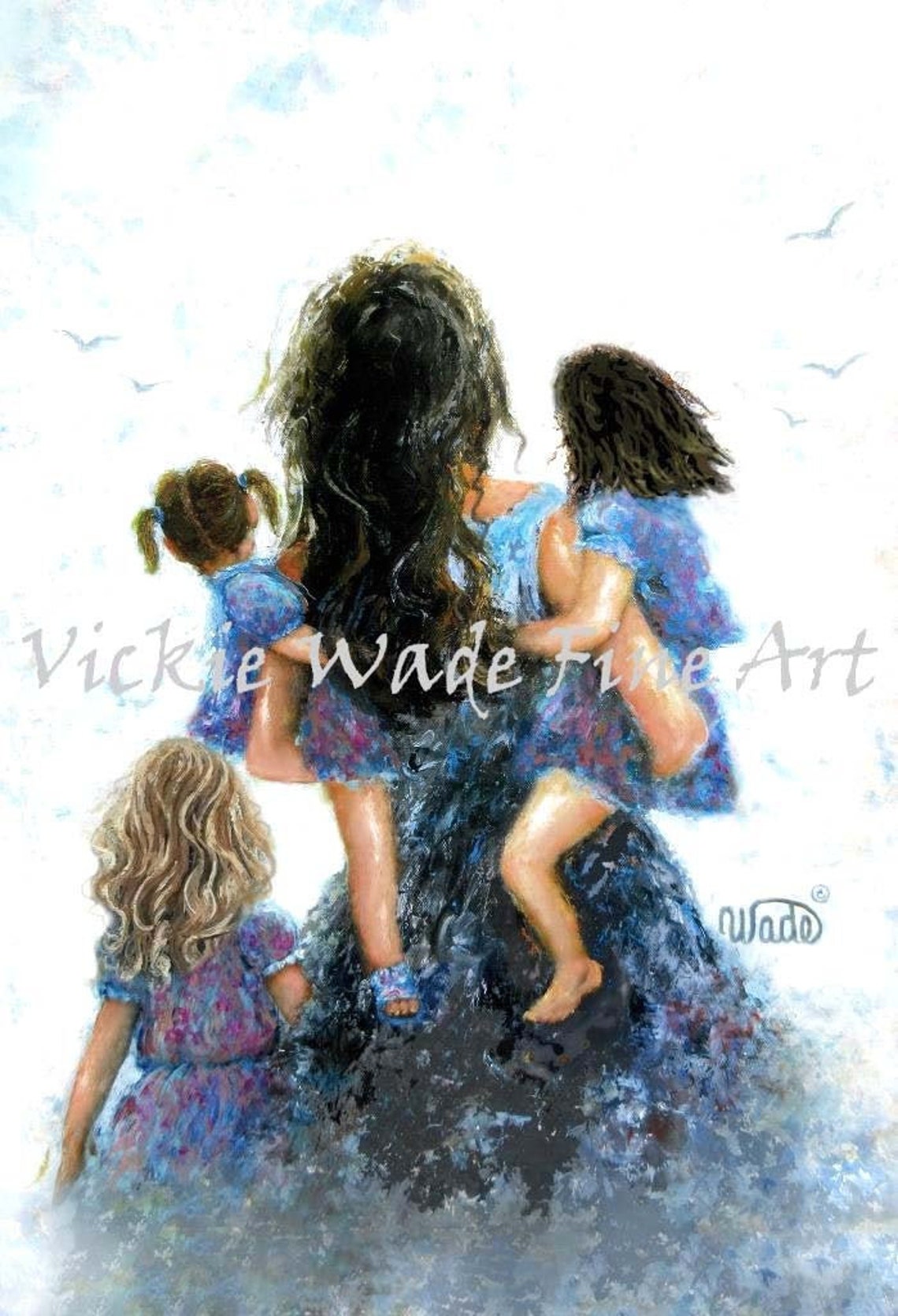 Mother Carrying Three Daughters in Blue Floral Dresses Poster