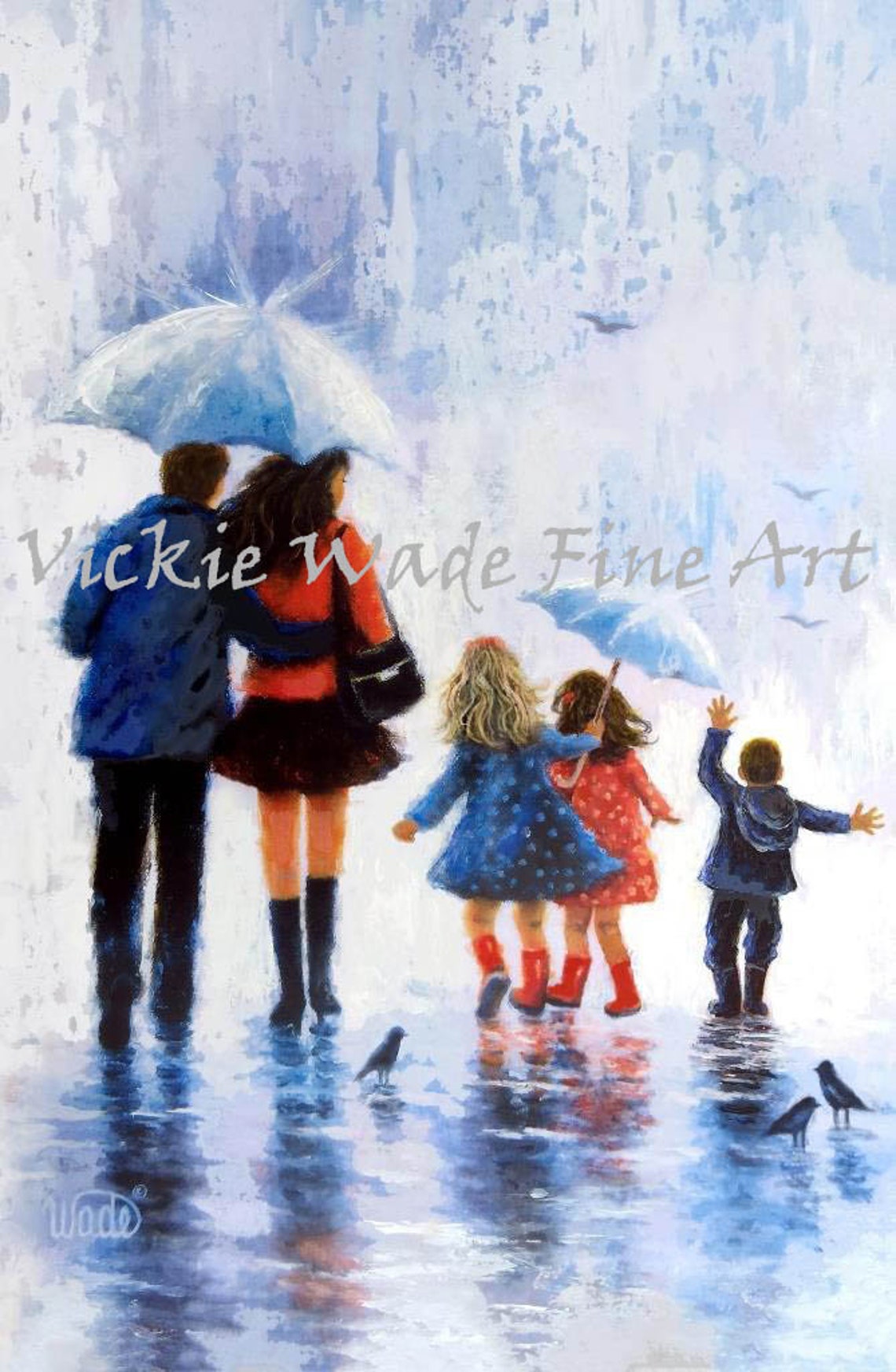 Family Walking Together in the Rain Under Their Umbrellas Poster
